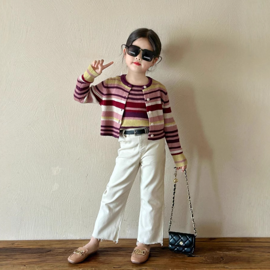 大橙子Studio女童2025春款套装杏色弹力直筒裤紫粉条纹毛线两件套
