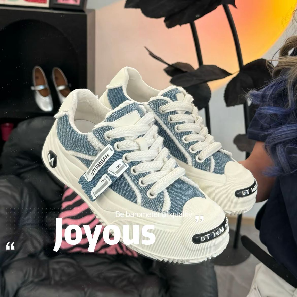 （开口笑蓝色气质板鞋）joyous严选女鞋潮版(直接拍）