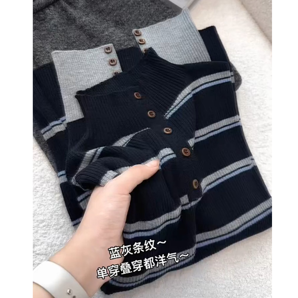韩系半高领蓝灰条纹针织衫毛衣女2025秋冬新款简约百搭打底衫毛衫
