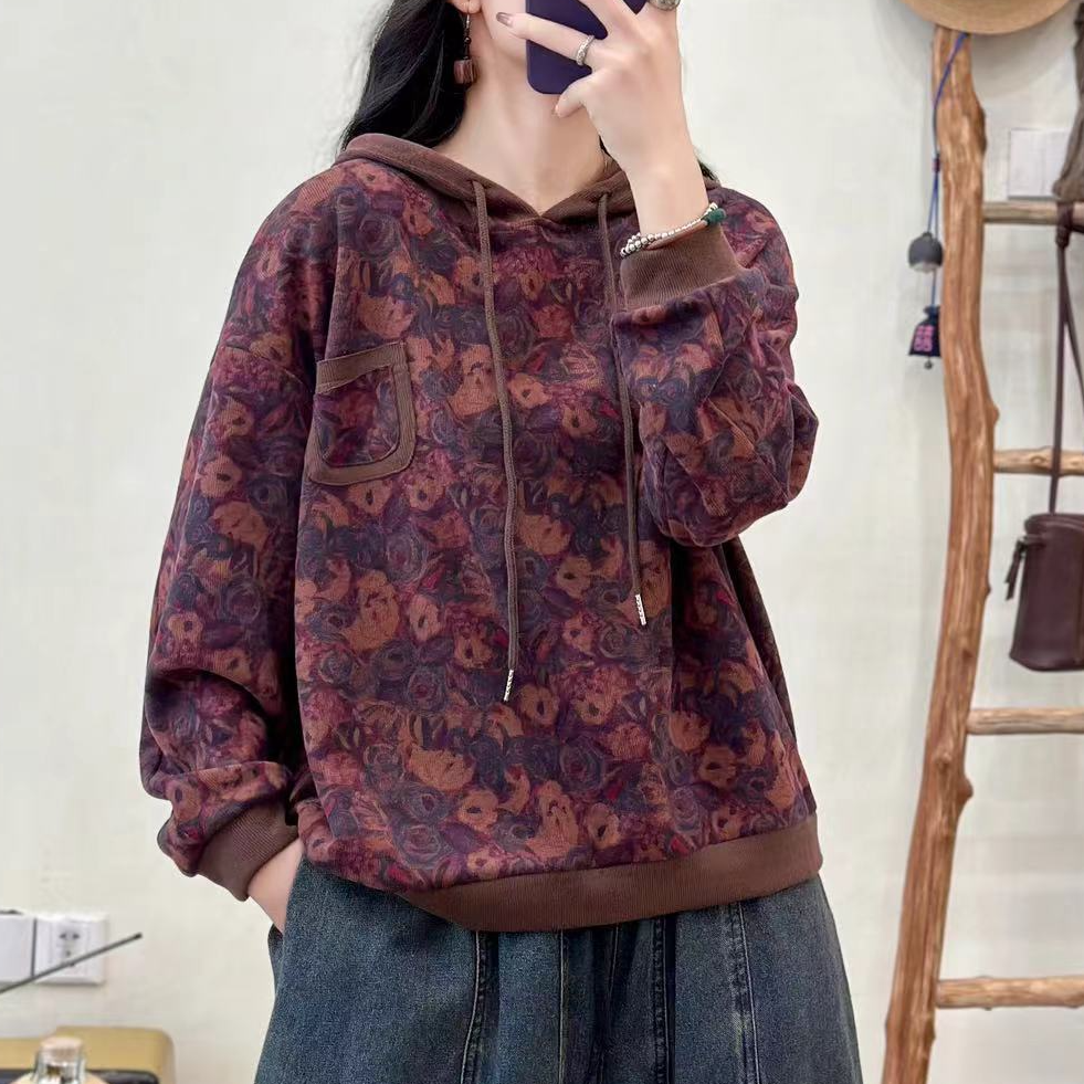 6983新款休闲百搭气质减龄印花连帽长袖卫衣T恤