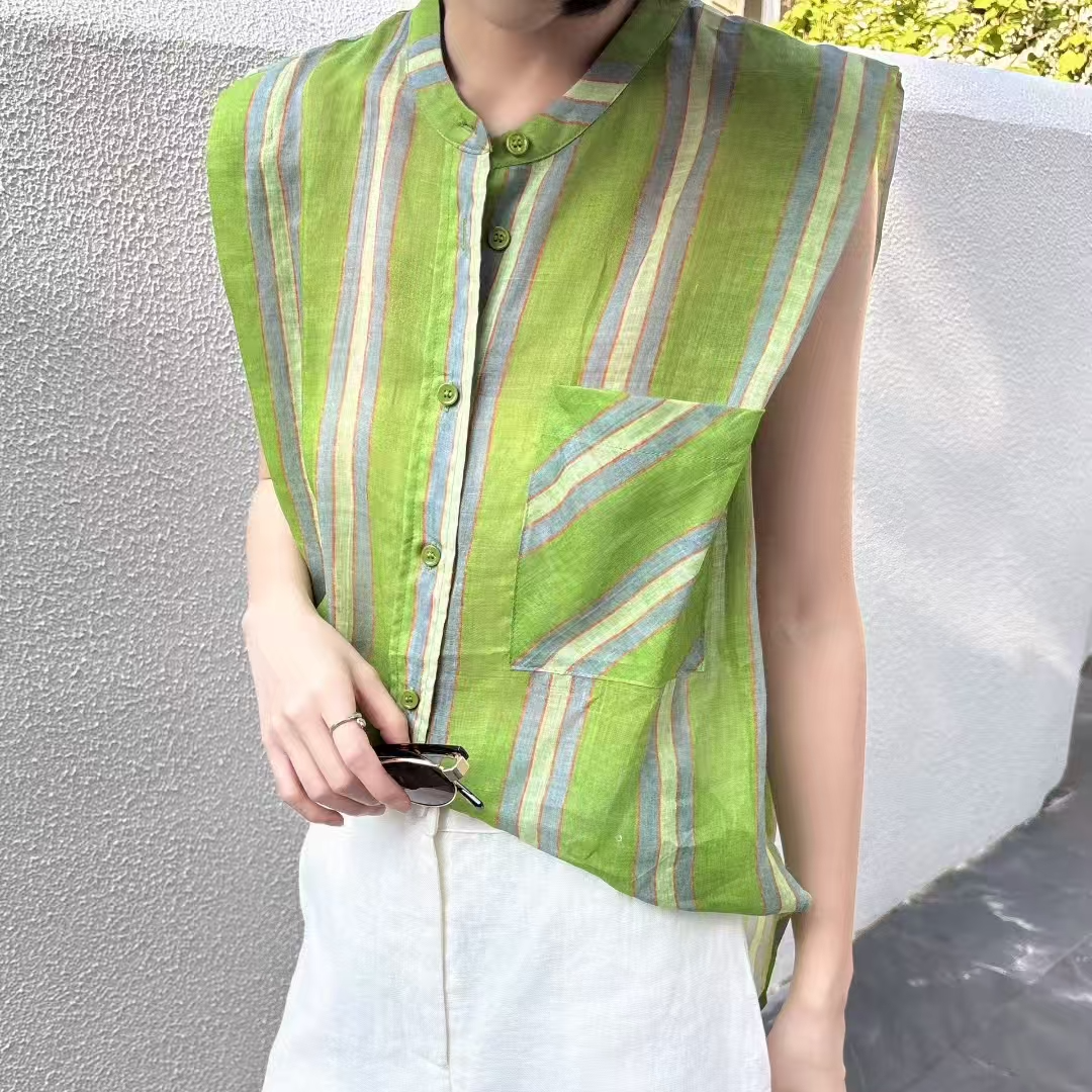 断码福利No退换 牛油果 绿条纹苎麻小立领无袖衬衣女