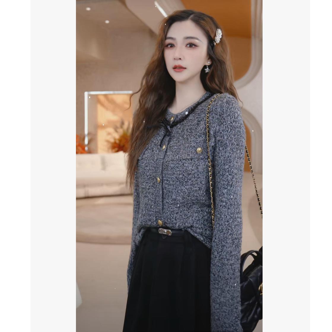 COCO BECCI【雪夜千金】绵羊毛小香风花纱蝴蝶结针织衫CFJJD231313