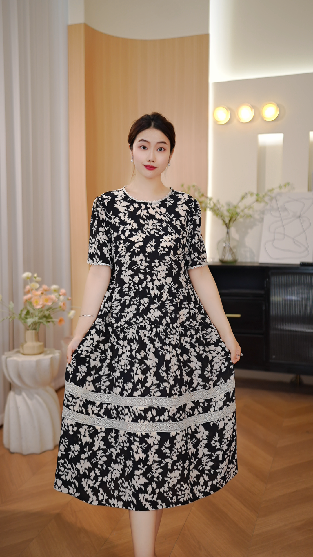 Dushang夏季桑蚕丝真丝印花连衣裙