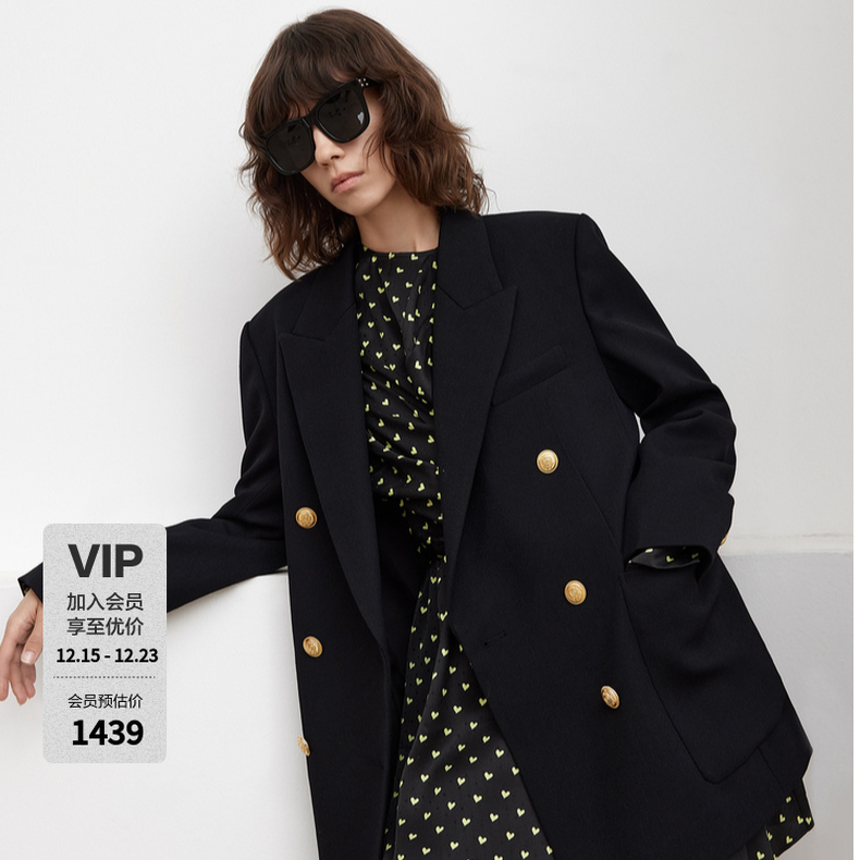 MOCO复古双排金扣宽肩宽松时尚防寒西装外套JK服时尚女MBB3BLAT01