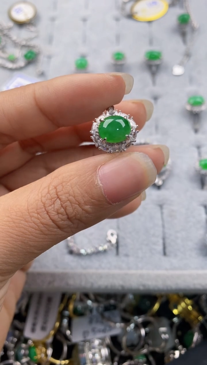 银S925镶嵌戒指翡翠玲*444---8