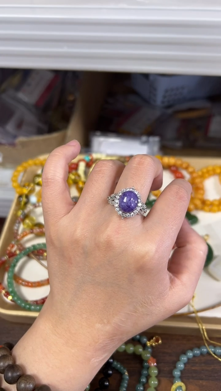 未镶嵌查罗石（紫龙晶）戒指紫龙晶蛋面银色托镶嵌款戒指[52]