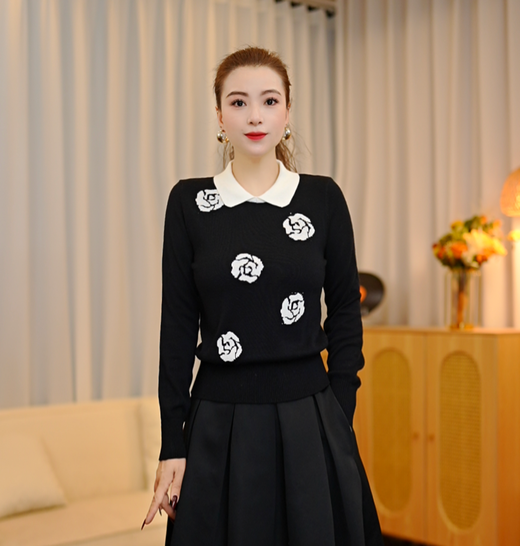 韩系时尚撞色印花娃娃领长袖针织衫女秋冬新款高级感宽松显瘦上衣