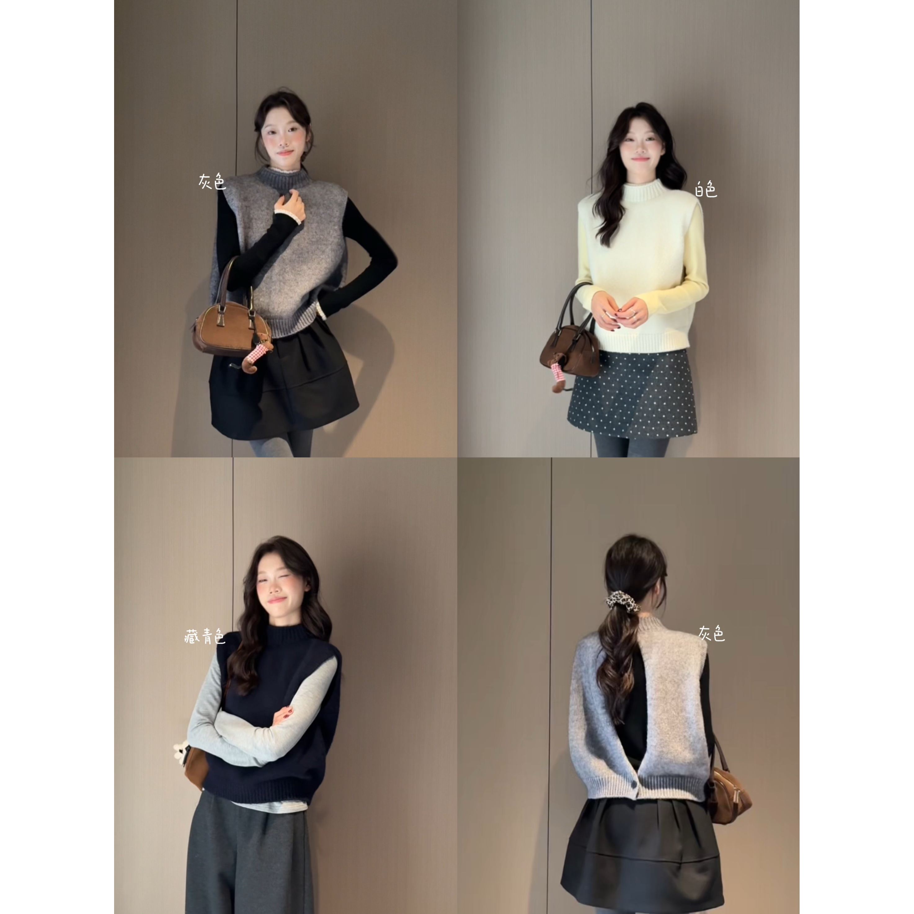 351016#【叠穿神器！】韩系设计感半高领后背纽扣镂空露背马甲