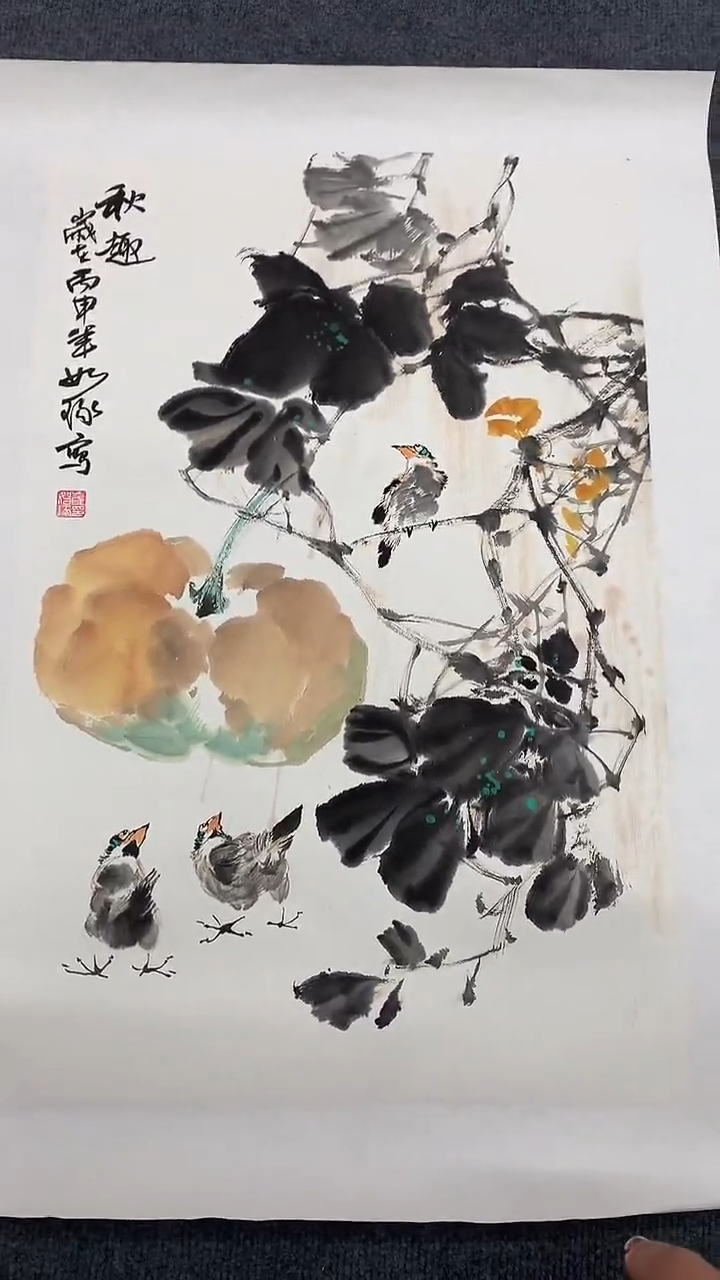 竖款精品开三花鸟，秋趣