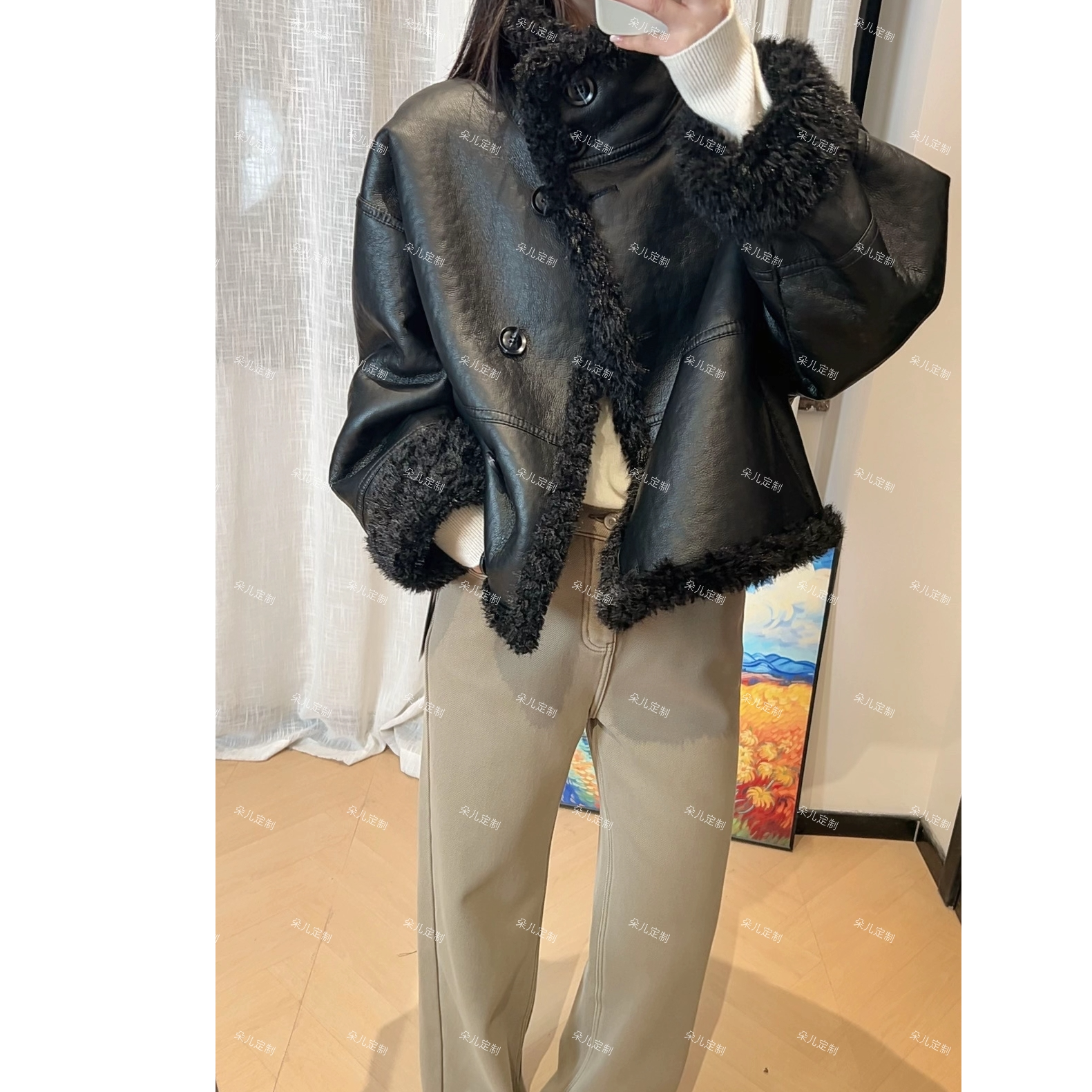 朵儿定制  【冰岛】冬款双面穿休闲百搭黑色皮衣外套 MD04