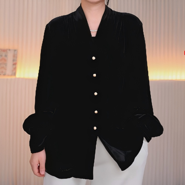 035丝绒V领长袖衬衫气质休闲