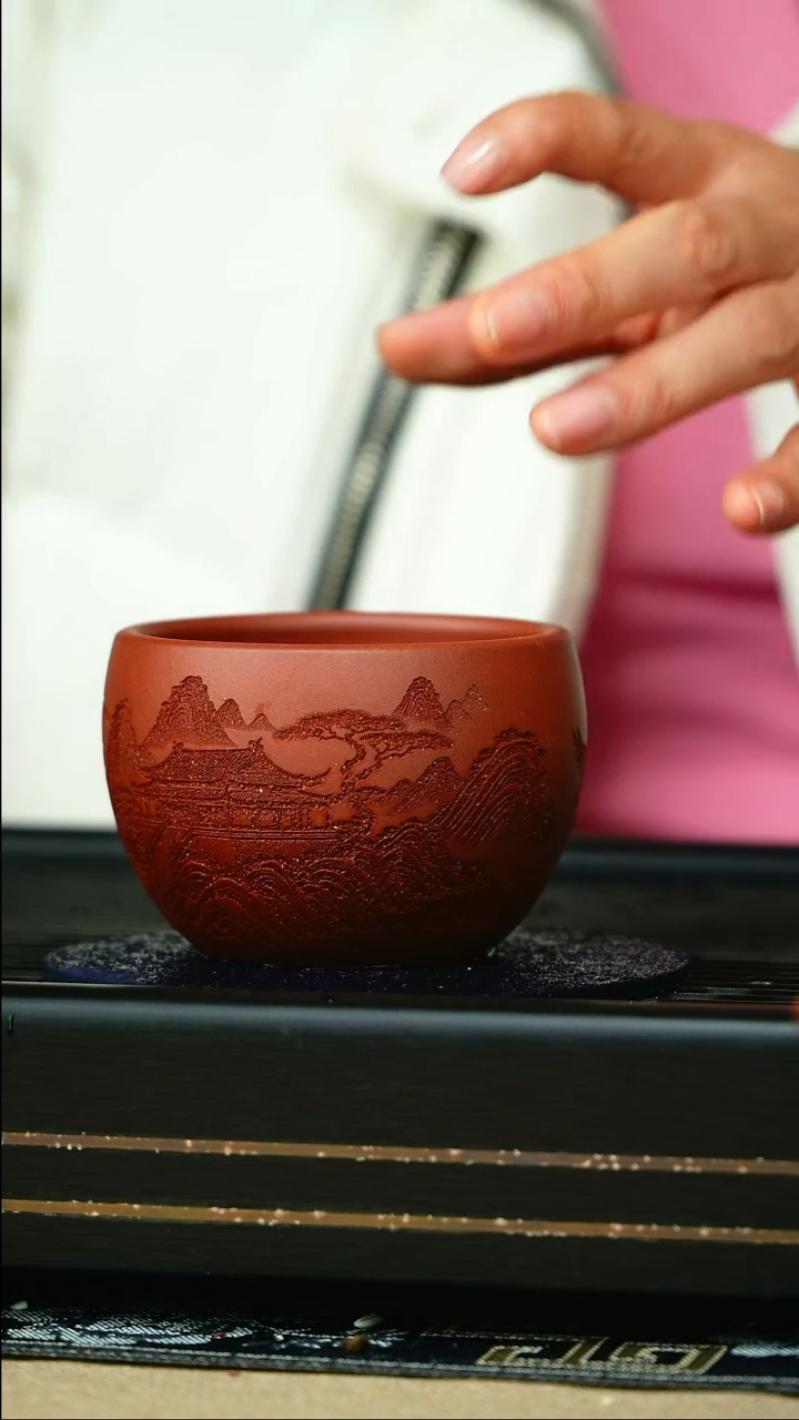 茶杯紫砂原矿底槽清花开富贵山水主人杯200cc