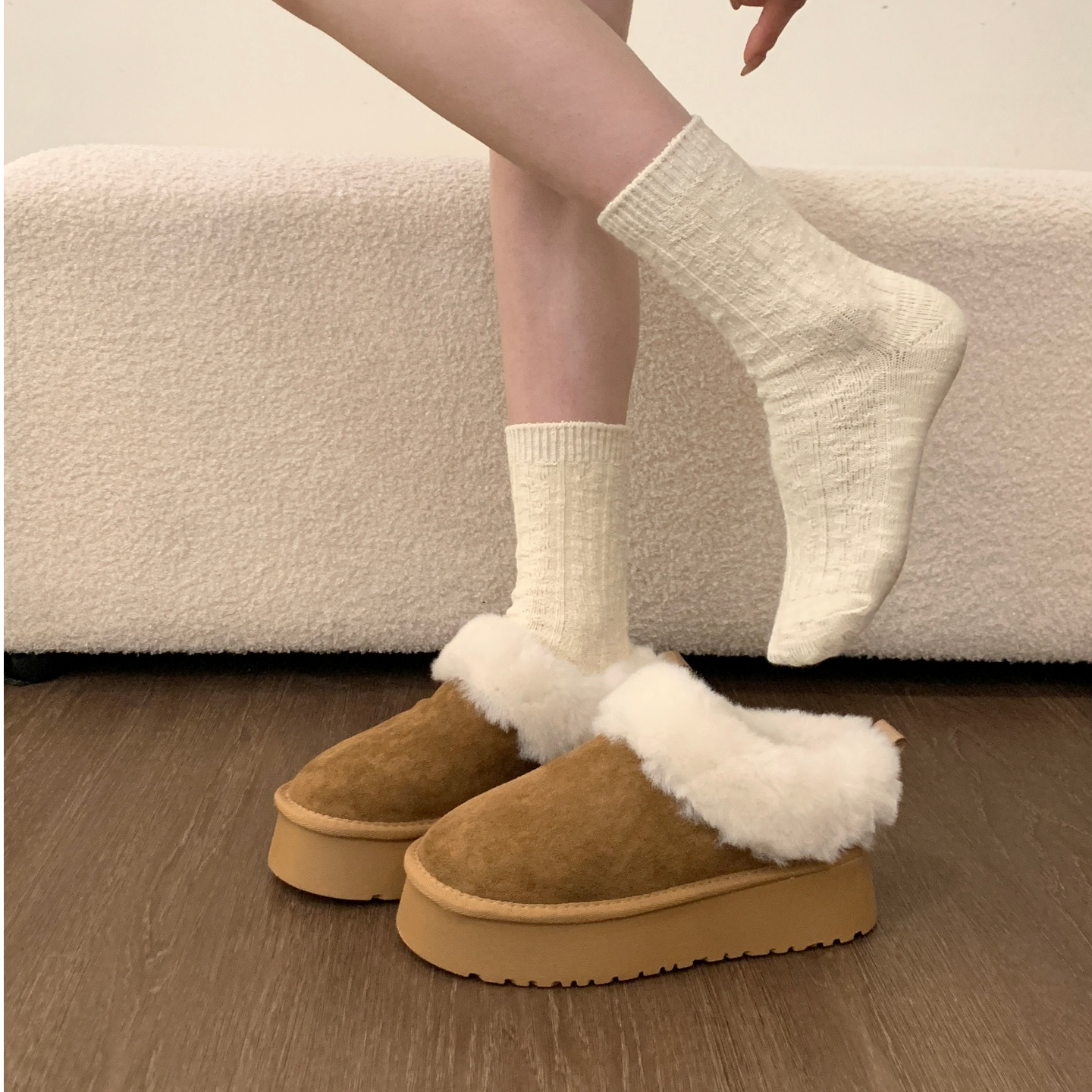 羊毛版~真皮厚底加绒雪地靴女款2025新款冬季一脚蹬毛毛鞋女棉鞋