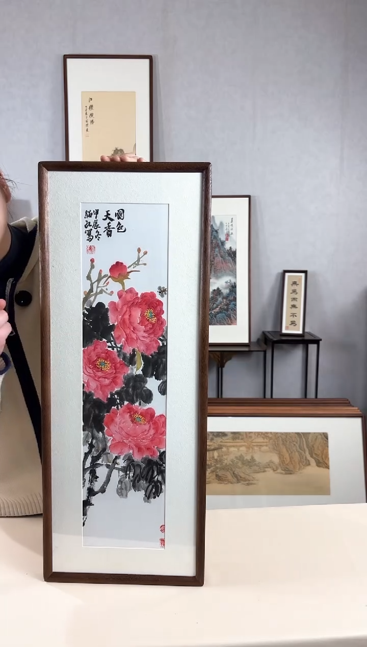 【闪购商品】国画手绘*牡丹*28*72cm实木框