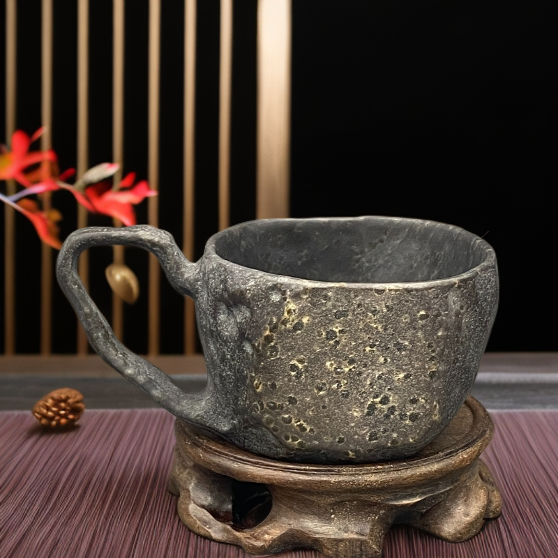 孤品手工手柄主人杯冰碛岩随型马克杯整石雕刻工夫茶具茶杯160cc