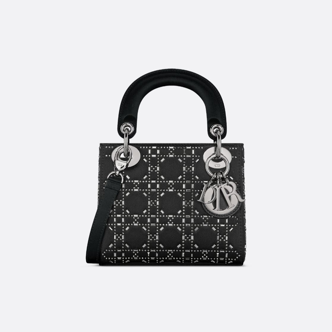 99新 DIOR/迪奥 缎面丝绸水钻黑色三格戴妃包 手提斜挎包