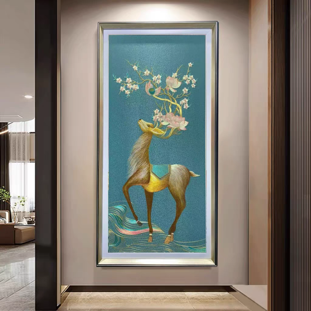 【铭尊】招财荷花鹿｜苏绣玄关高端织锦绣刺绣装饰画风水玄关挂画