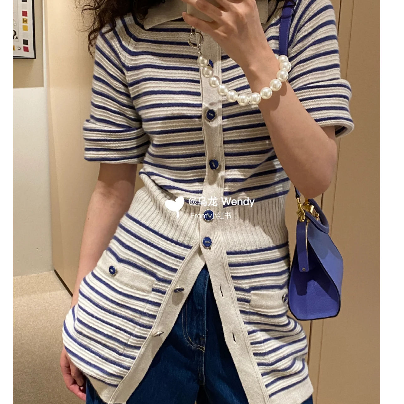 95新 Chanel/香奈儿 蓝白条纹秀款羊绒针织开衫裙/F34/编号8042