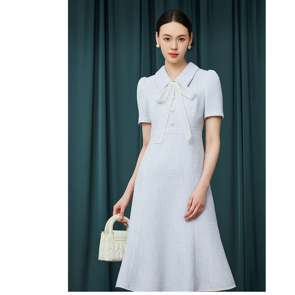 优雅灵动飘带鱼尾连衣裙2025年新款时尚高腰长裙-MOGC03WOP011