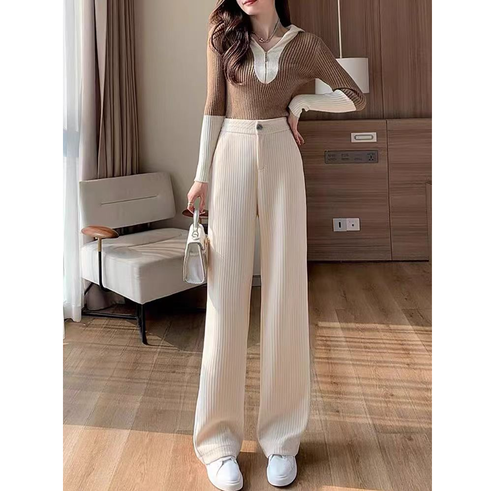 【清仓】高档坑条灯芯绒裤女秋冬新款宽松显瘦高腰直筒阔腿裤KZ570