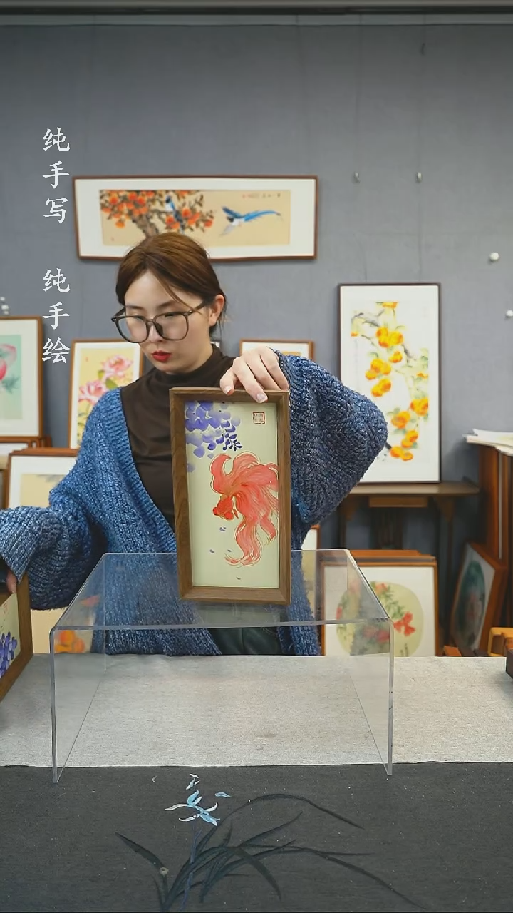 【闪购商品】国画手写手绘带框作品-16*29-紫藤
