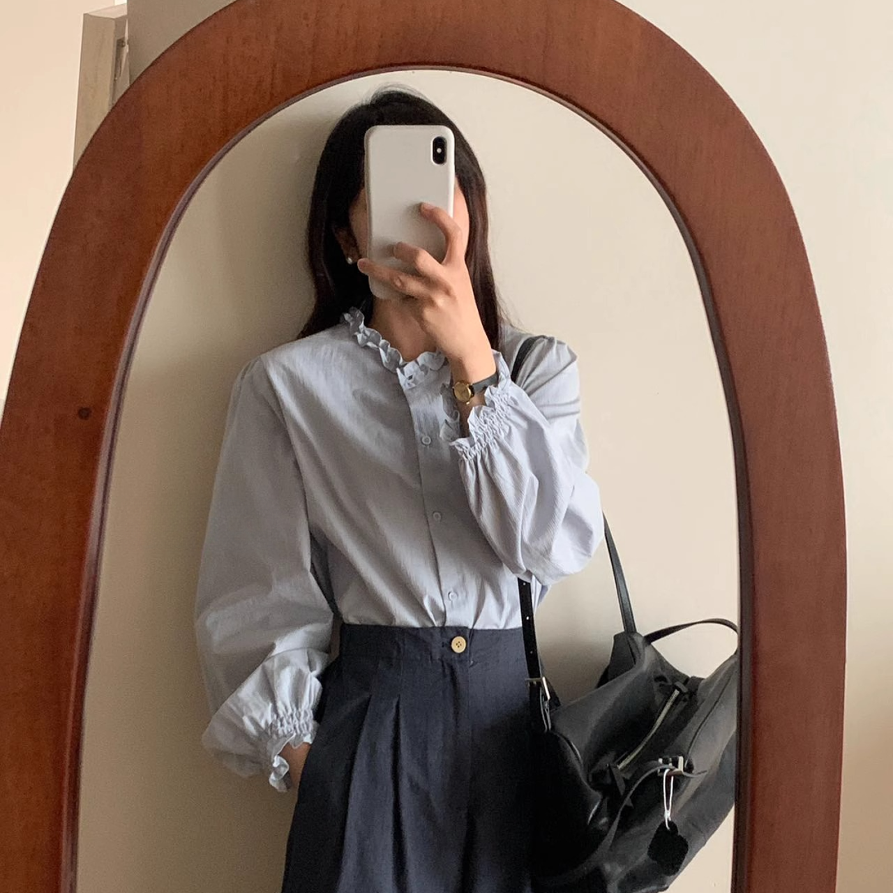 2025纯棉女装小众设计木耳拼接圆领衬衫女别致木耳边花边领衬衫