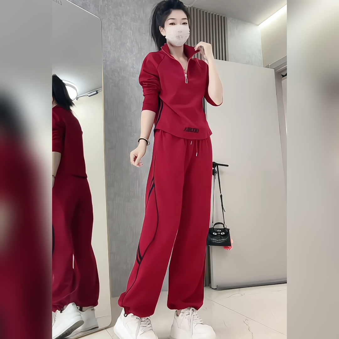 秋季新款时尚气质休闲宽松显瘦大码立领长袖T恤阔腿裤两件套装女