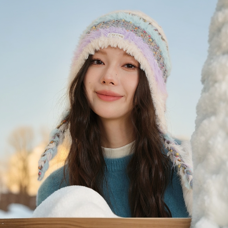 秋冬款多巴胺彩色针织帽女时尚撞色百搭毛线帽护耳保暖民族风帽子