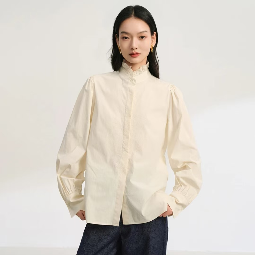 252039 小莹女装 100长绒棉府绸荷叶边立领衬衫 2025新款