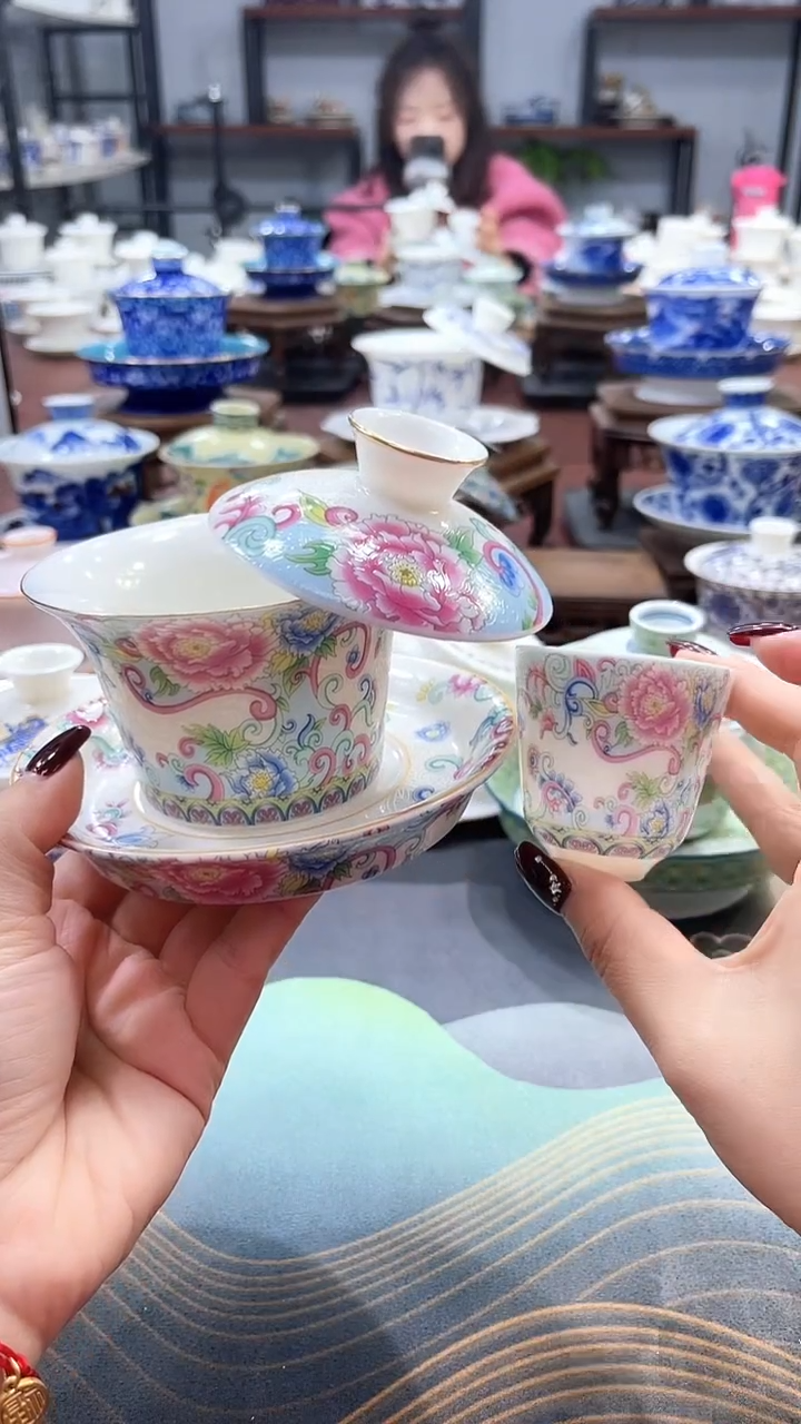 【闪购商品】掐银牡丹珐琅彩盖碗+2杯