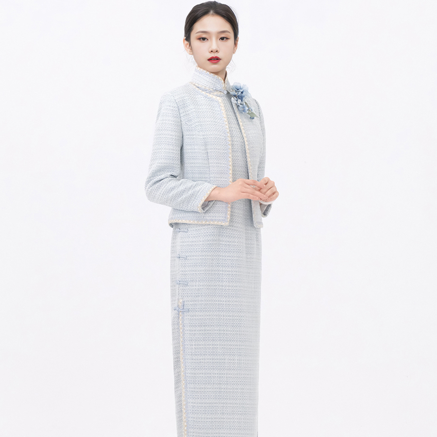 羊毛呢面料 精工内衬 衣长128领高5上衣衣长52套装旗袍诗雨兰