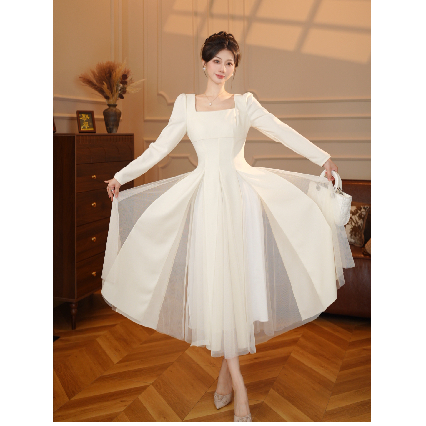 【张小小】【加绒加厚】连衣裙女网纱蓬蓬仙女高级感领证长裙D4229