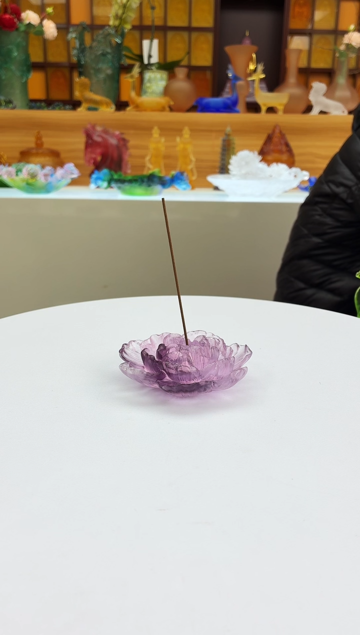 手工艺品琉璃牡丹花线香插粉紫8.5公分