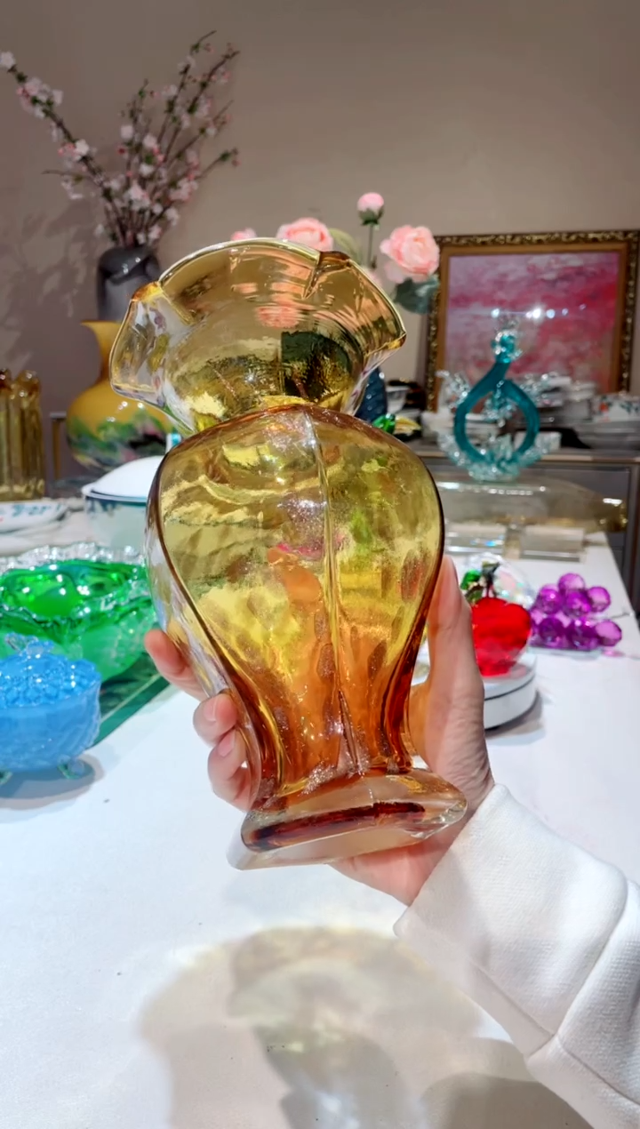 【闪购商品】琉璃手工艺品高款金色透明芬顿花瓶  微瑕