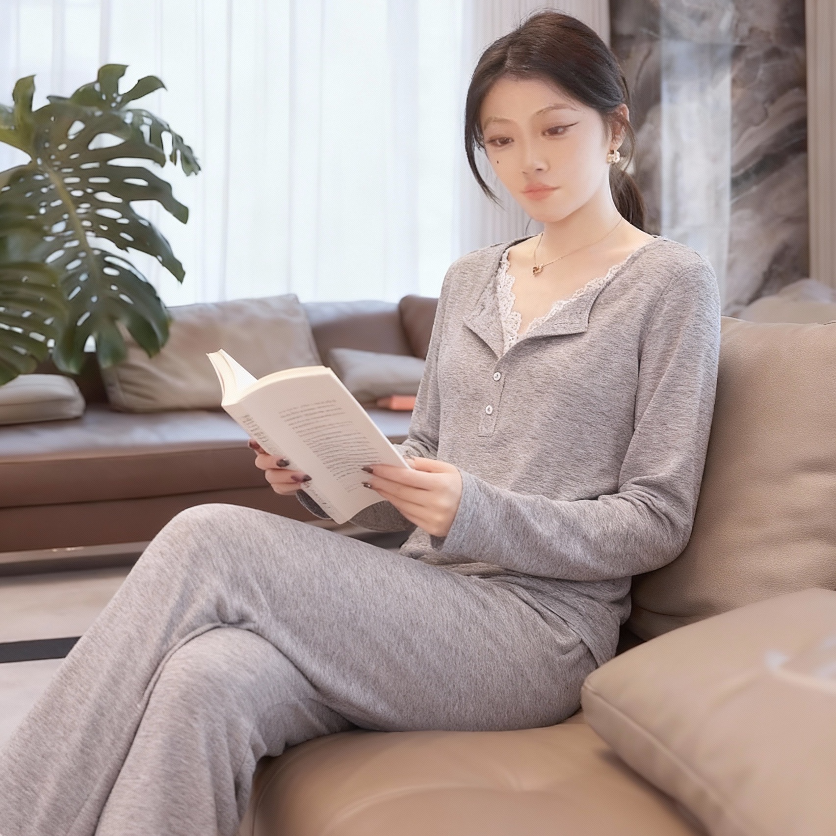 胸垫版睡衣女冬季新款爆款婴儿彩棉长袖长裤家居服（蕾丝边假两件）