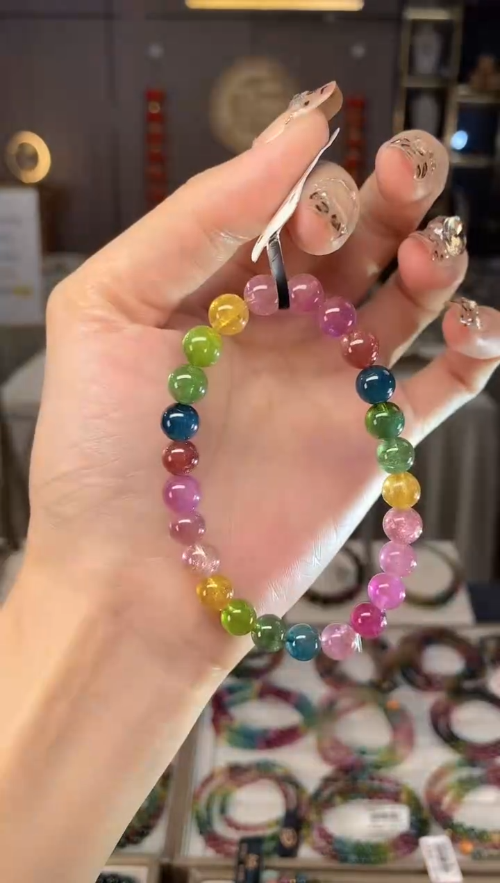 未镶嵌老矿碧玺色标彩虹单圈手串7mm+碧玺dan多样性发货一条