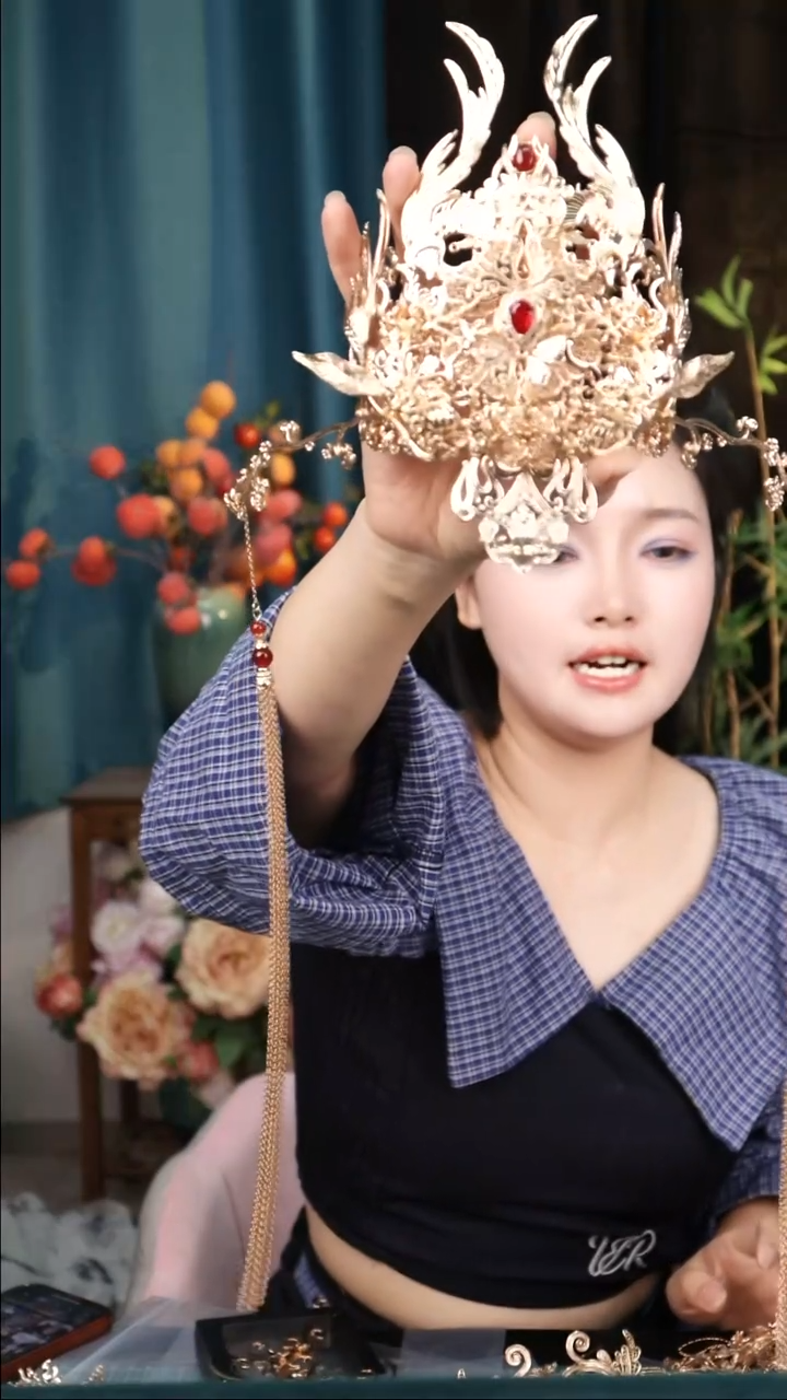 铜纯铜红色流苏束发冠
