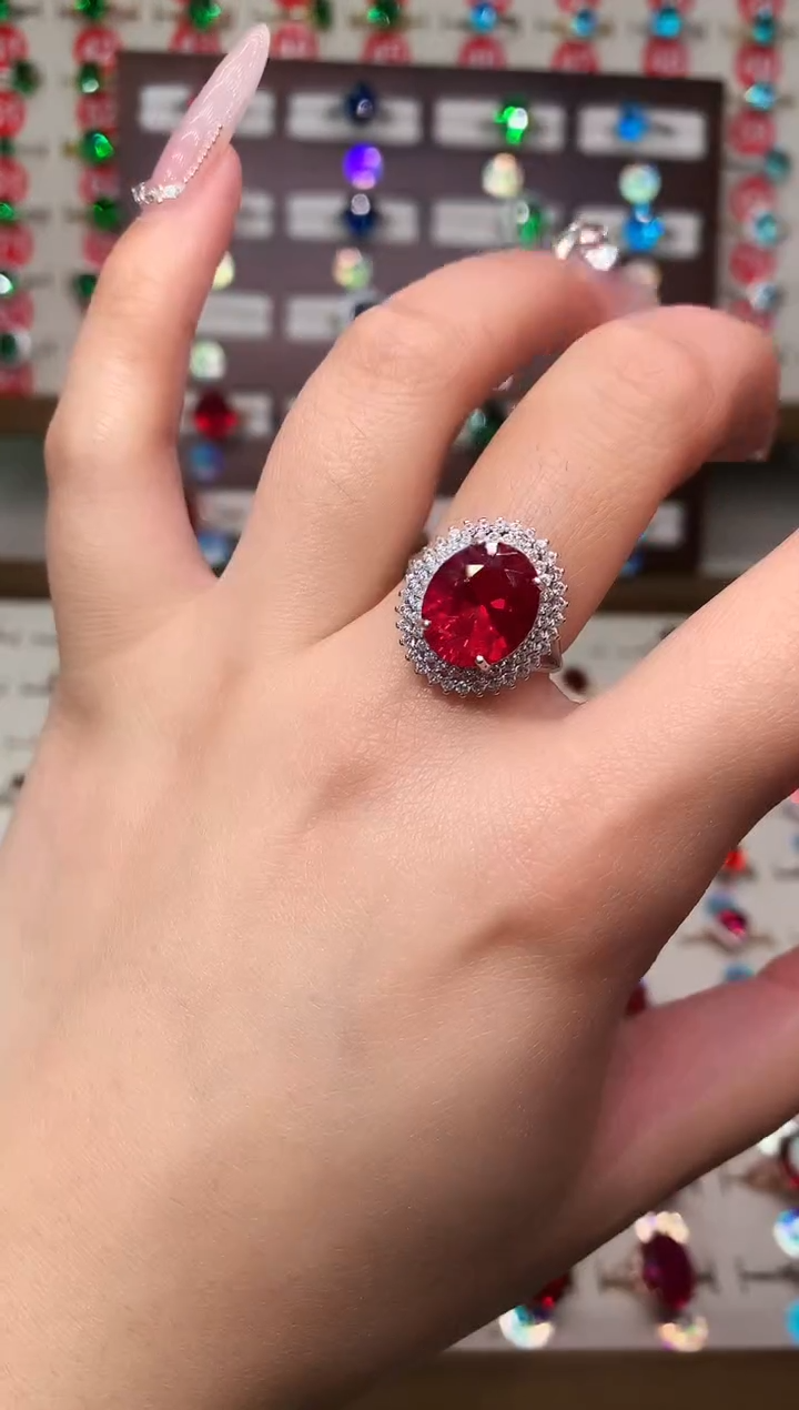 无925银典藏 轻奢 鸽血红红色系10*12双戴妃银托戒指