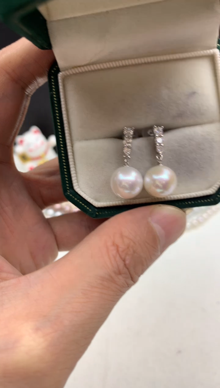 银S925镶嵌ff淡水珍珠白珠耳饰