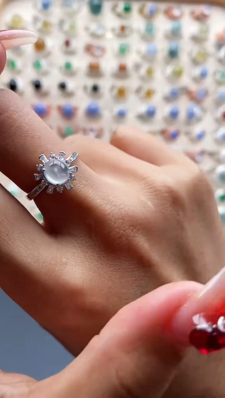 【闪购商品】翡翠戒指银S925镶嵌缅甸天然A货翡翠333  8+8