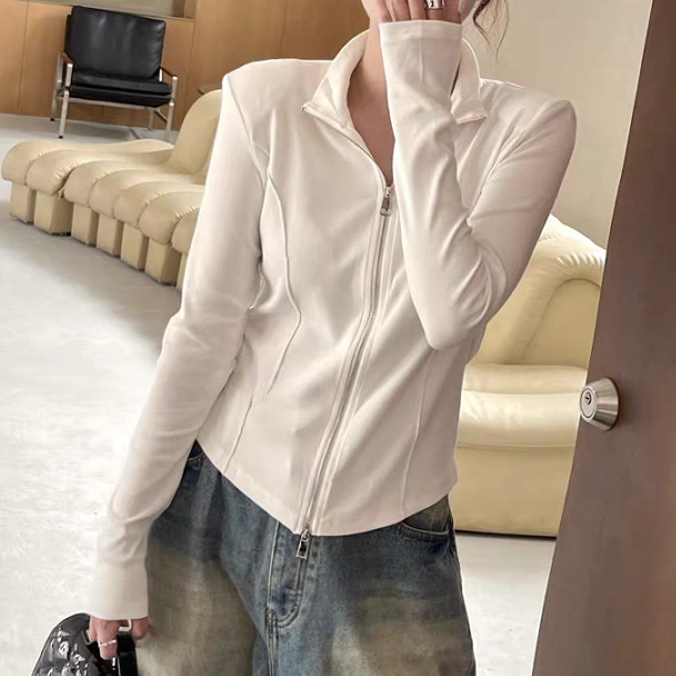 新款显瘦腰线双拉链开衫外套女百搭751203