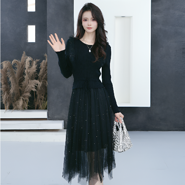 圣迪奥罗纹圆领网纱收腰针织优雅轻奢女装连衣裙S23181202