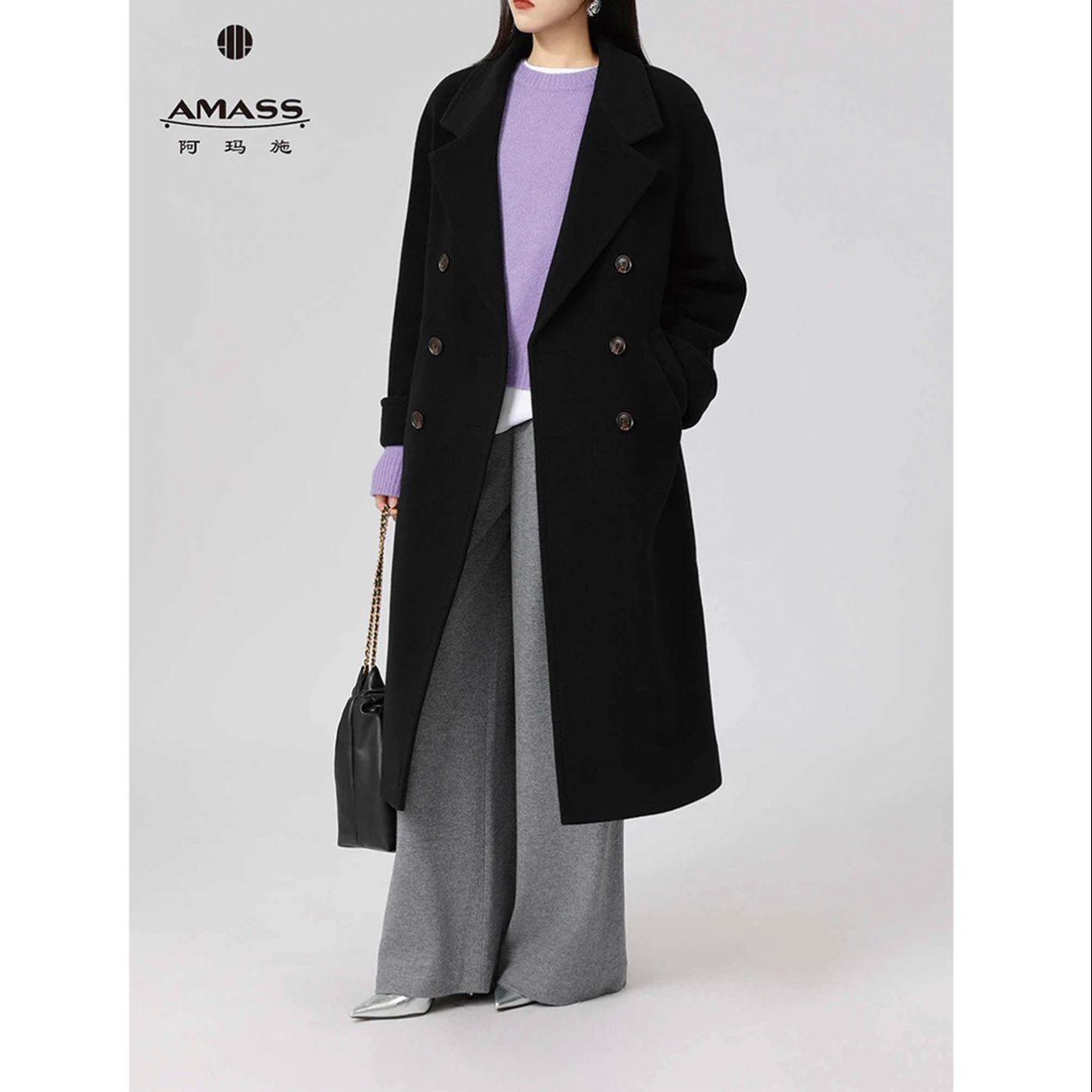 阿玛施【官方正品】新款静奢风绵羊毛翻领双排扣双面呢大衣5400861 