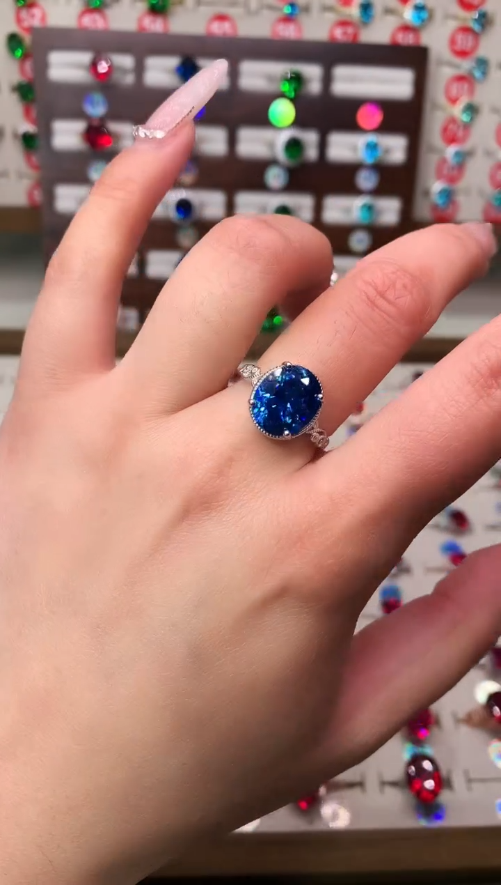 无925银典藏 轻奢 深海蓝色系精切莲花鸟巢切10*12银托戒指