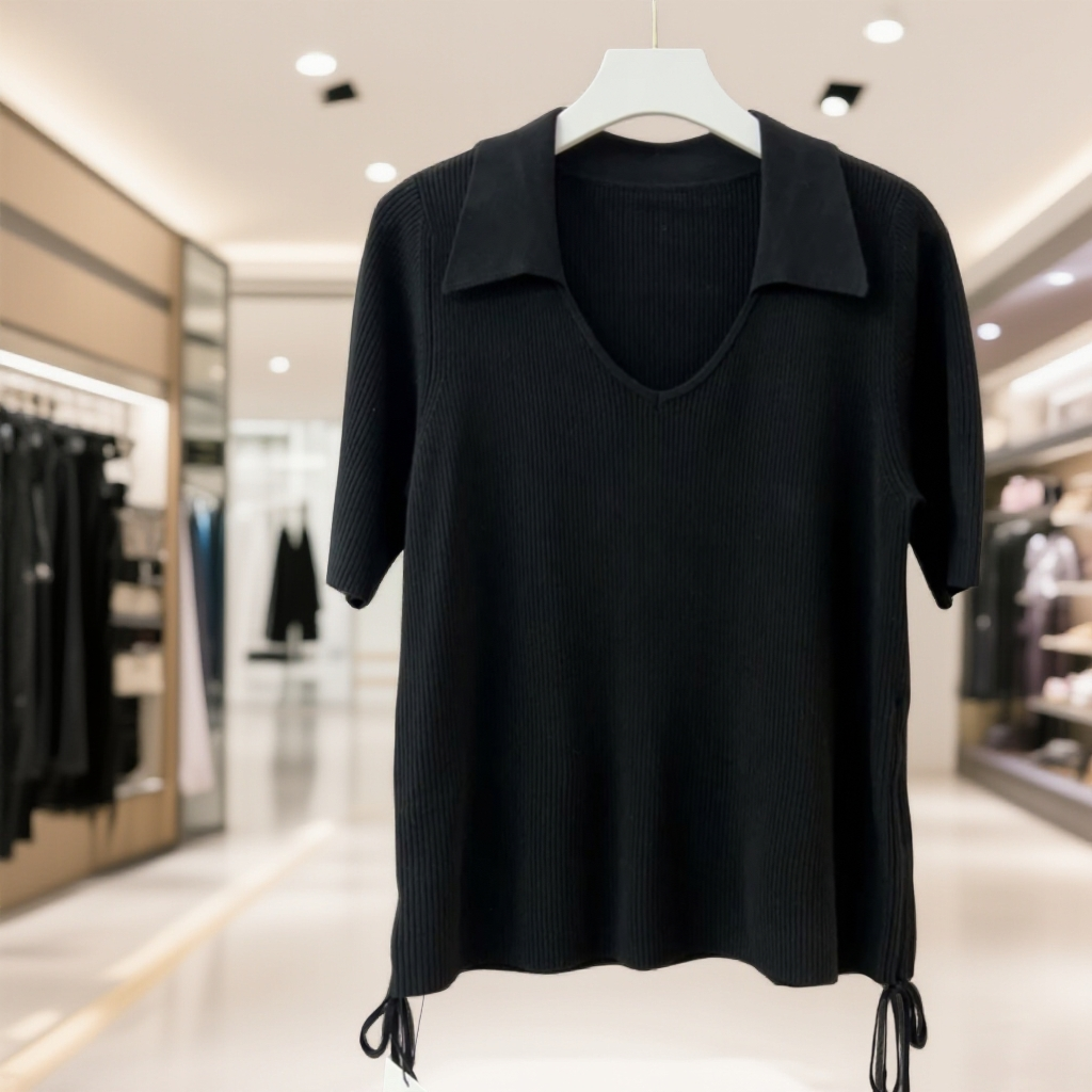 水淼2026春新款V领抽绳短袖毛织上衣2246