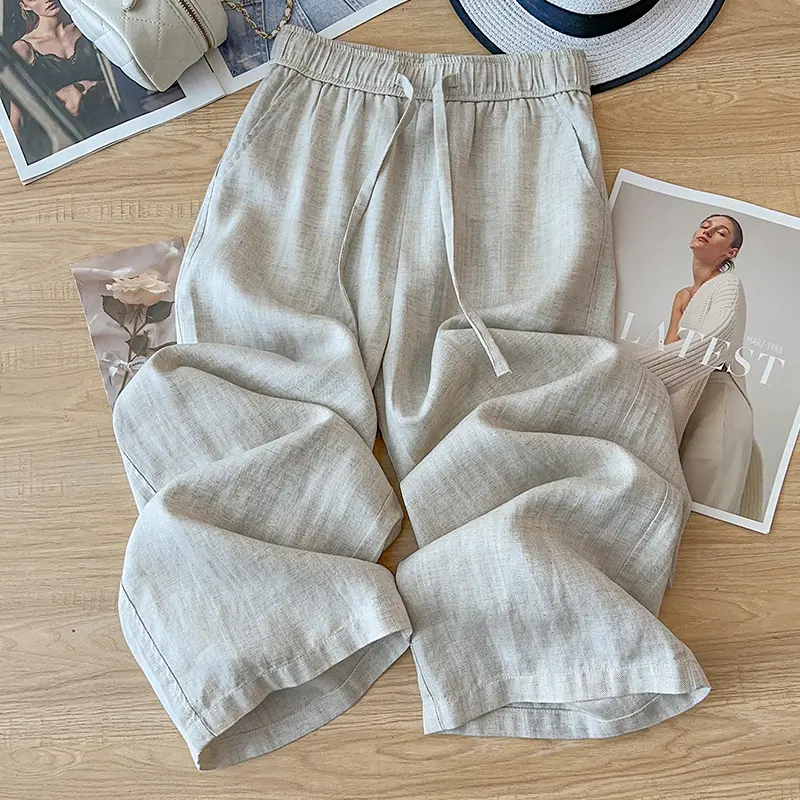 亚麻裤女2025夏季新款薄款休闲弯刀裤子九分棉麻直筒裤女装8917