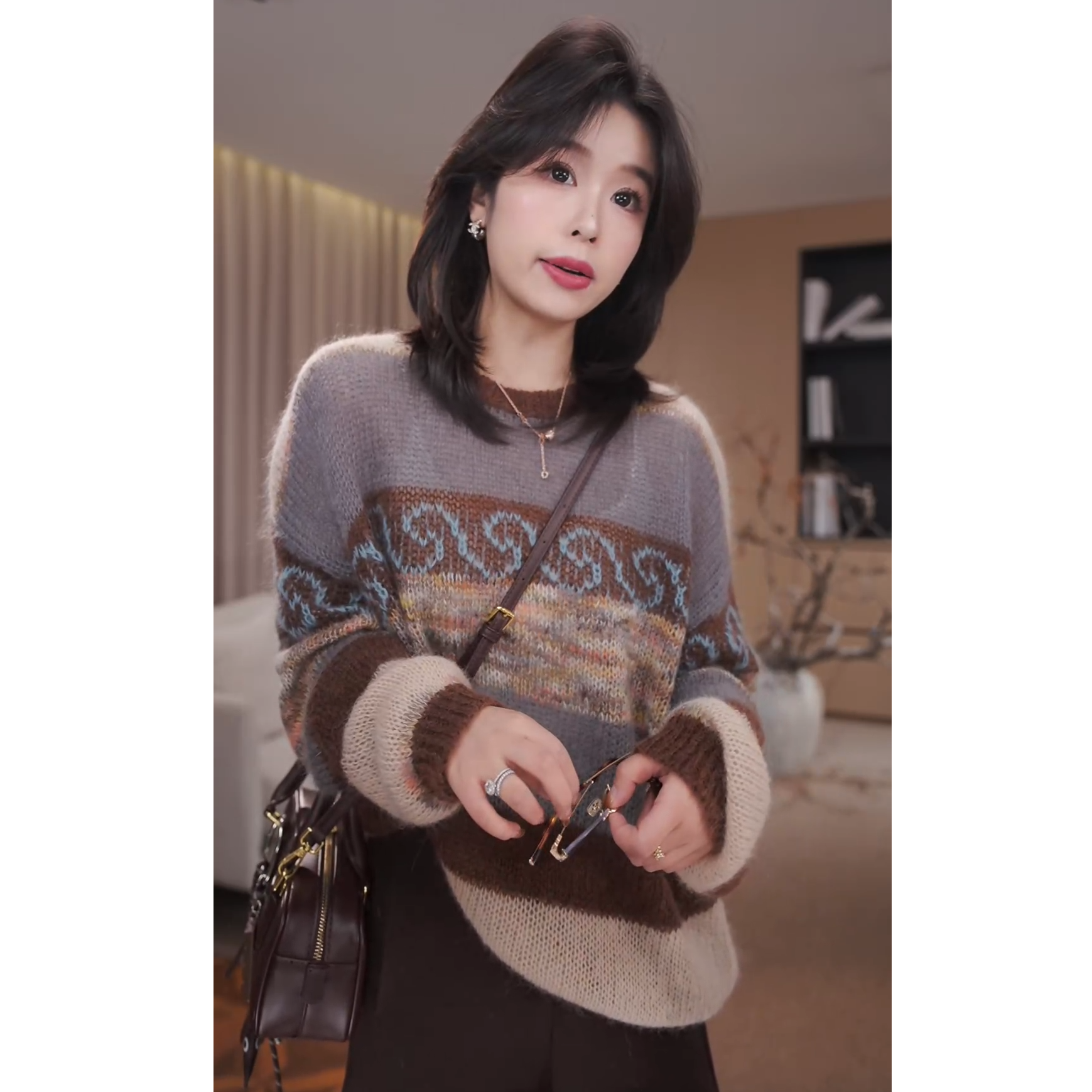 广州琴姐【时光绗缝】复古拼色马海毛绵羊毛圆领毛衣针织女秋73027