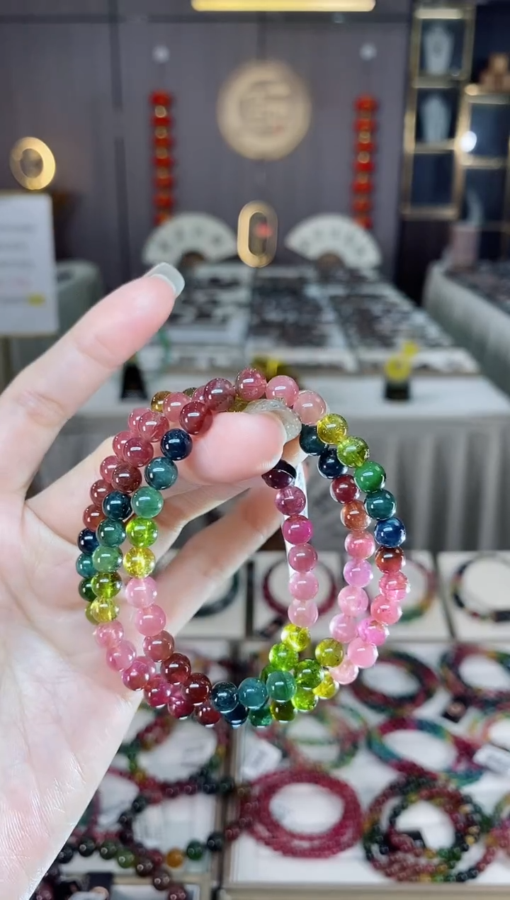 未镶嵌老矿碧玺色标彩虹三圈手串5mm+碧玺dan多样性发货一条