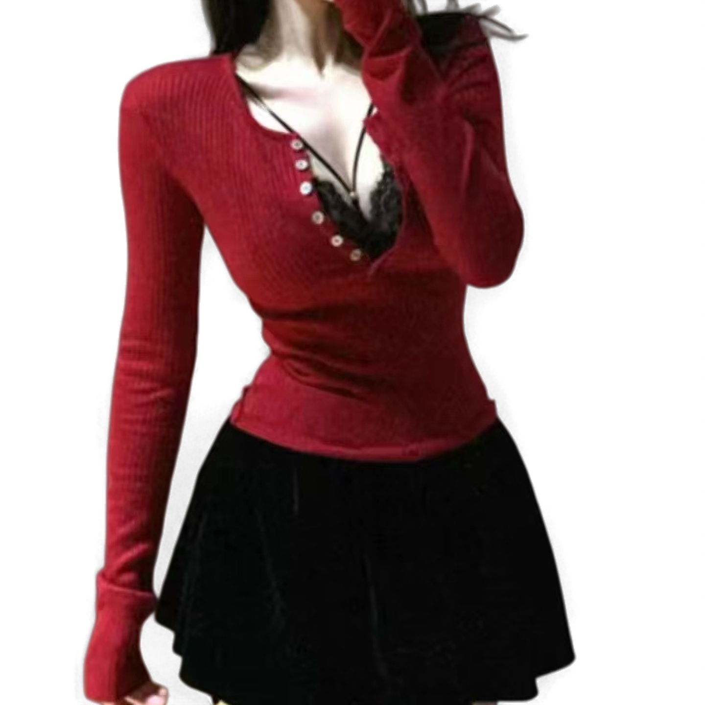 阿遥家【小恶魔】纯欲辣妹V领女秋冬收腰长袖T恤