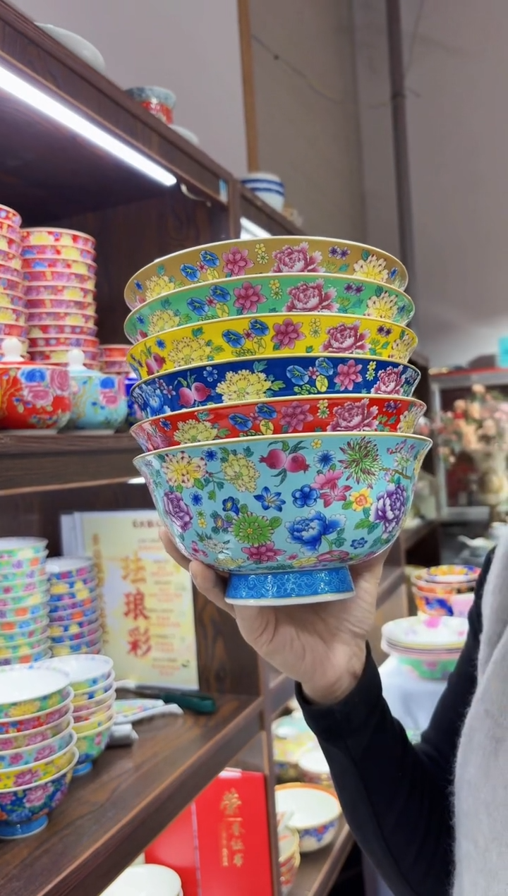珐琅7英寸面碗6个景德镇陶瓷